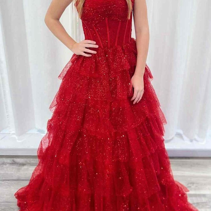 Gorgeous Sparkle Tulle Spaghetti Straps Ruched Prom Dresses