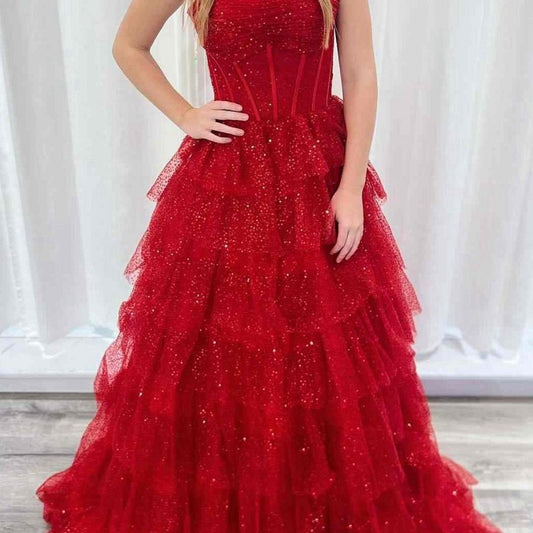 Gorgeous Sparkle Tulle Spaghetti Straps Ruched Prom Dresses