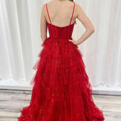 Gorgeous Sparkle Tulle Spaghetti Straps Ruched Prom Dresses
