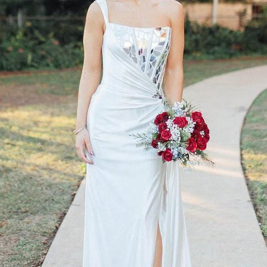 One Shoulder Square Neck Mirror-Cut Sequins Prom Dresses with Slit