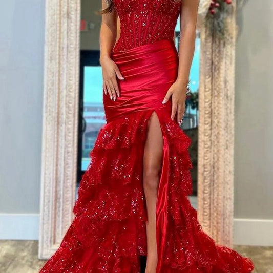 Strapless V-Neck Mermaid Pleated Layered Long Prom Dresses with Slit
