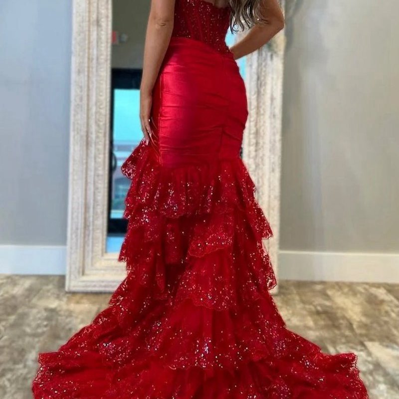 Strapless V-Neck Mermaid Pleated Layered Long Prom Dresses with Slit