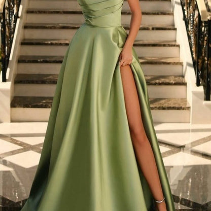 Satin A-line Scoop Empire-Waist Pleated Satin High Slit Formal Prom Dresses