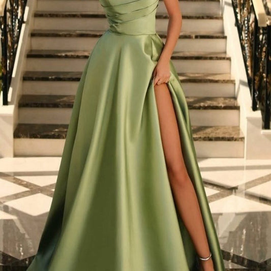 Satin A-line Scoop Empire-Waist Pleated Satin High Slit Formal Prom Dresses