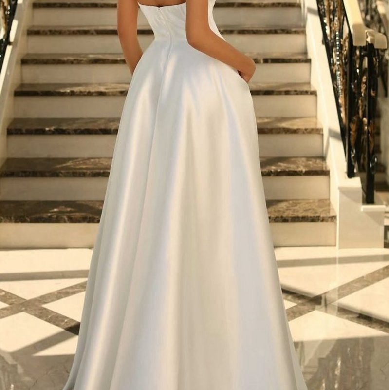Satin A-line Scoop Empire-Waist Pleated Satin High Slit Formal Prom Dresses