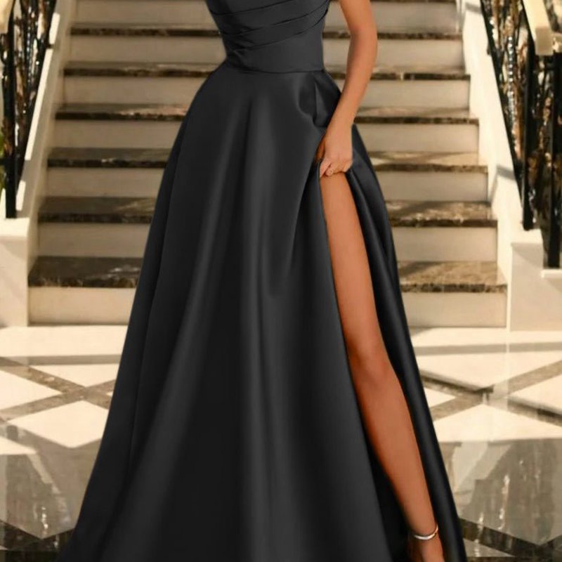 Satin A-line Scoop Empire-Waist Pleated Satin High Slit Formal Prom Dresses