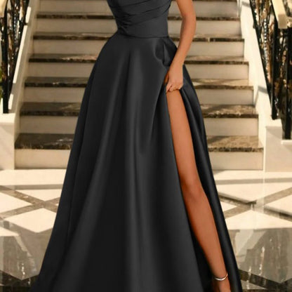 Satin A-line Scoop Empire-Waist Pleated Satin High Slit Formal Prom Dresses