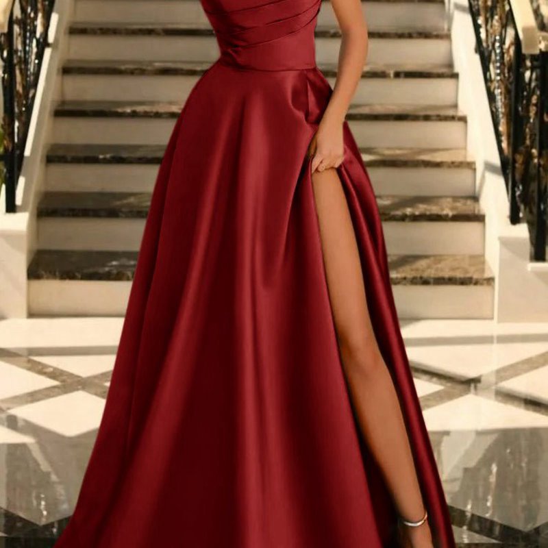 Satin A-line Scoop Empire-Waist Pleated Satin High Slit Formal Prom Dresses