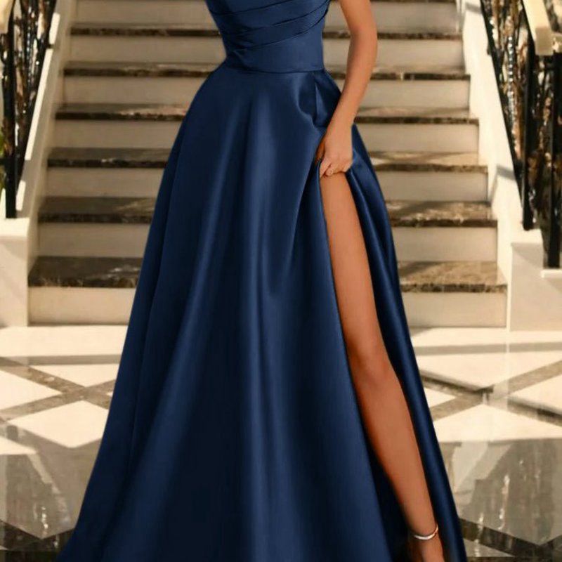 Satin A-line Scoop Empire-Waist Pleated Satin High Slit Formal Prom Dresses