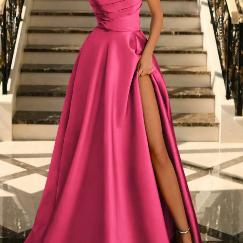 Satin A-line Scoop Empire-Waist Pleated Satin High Slit Formal Prom Dresses