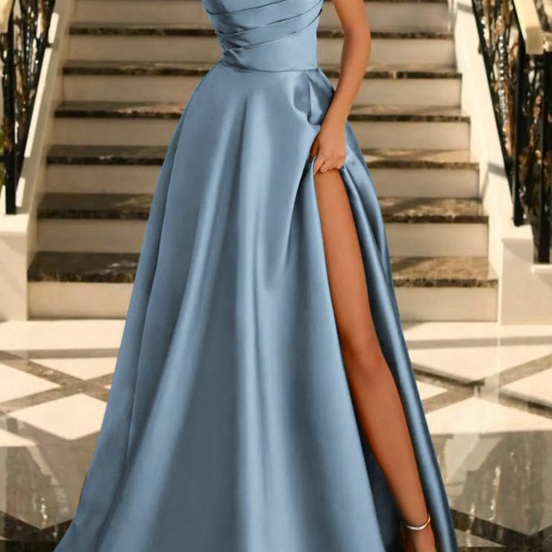 Satin A-line Scoop Empire-Waist Pleated Satin High Slit Formal Prom Dresses