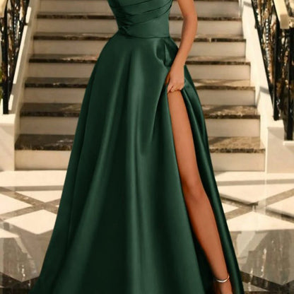 Satin A-line Scoop Empire-Waist Pleated Satin High Slit Formal Prom Dresses