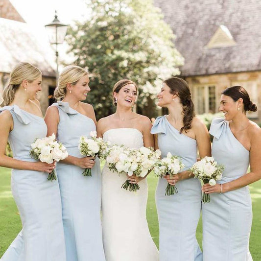 Powder One Shoulder Sheath Long Bridesmaid Dresses