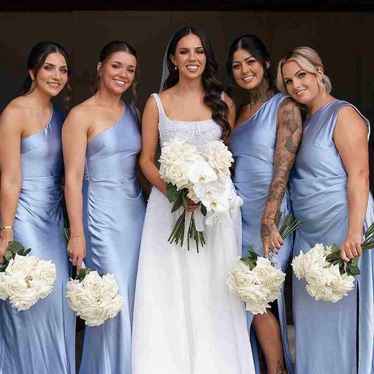 One Shoulder Sleeveless Satin Pleated Long Bridesmaid Dresses