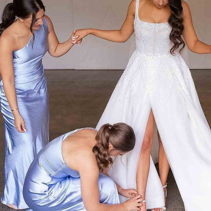 One Shoulder Sleeveless Satin Pleated Long Bridesmaid Dresses