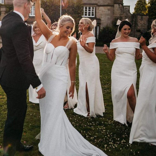 Off-Shoulder Satin Pleats Long Bridesmaid Dresses with Slit