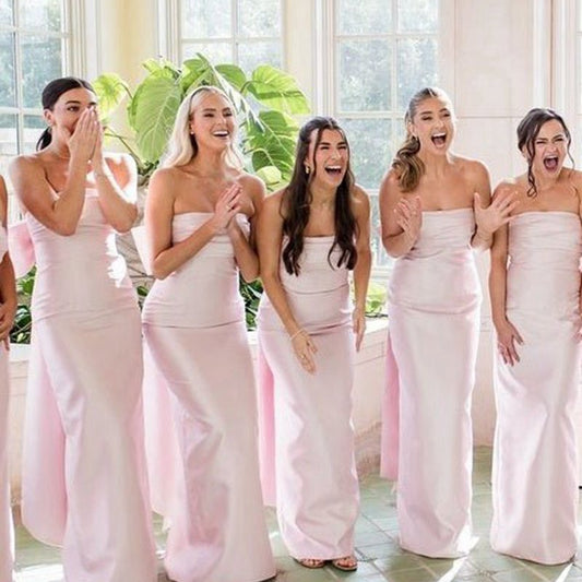 Strapless Scoop Pleated Satin Long Bridesmaid Dresses with Big Bow