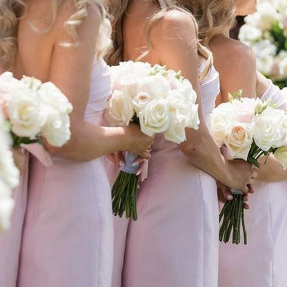Strapless Scoop Pleated Satin Long Bridesmaid Dresses with Big Bow