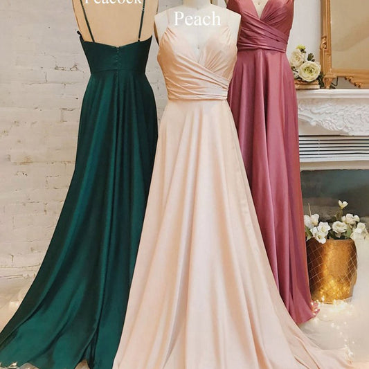 Spaghetti Straps V Neck A-line Prom Dresses with Pleated