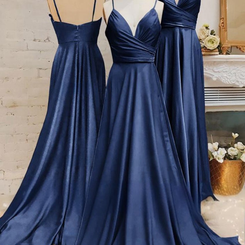 Spaghetti Straps V Neck A-line Prom Dresses with Pleated