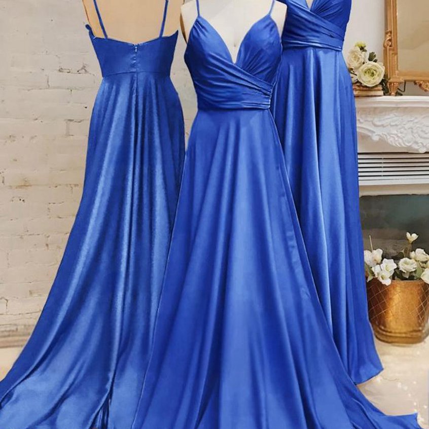 Spaghetti Straps V Neck A-line Prom Dresses with Pleated