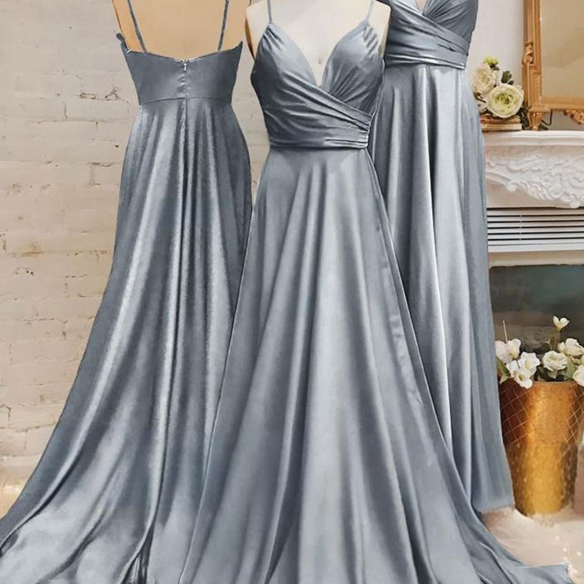 Spaghetti Straps V Neck A-line Prom Dresses with Pleated
