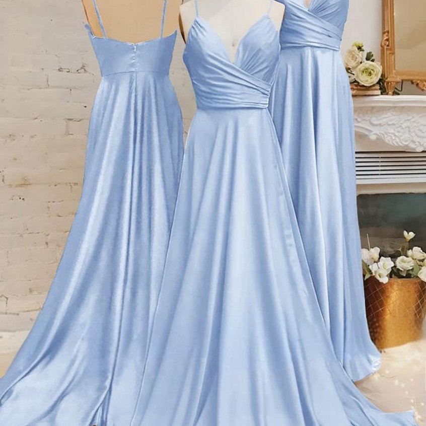 Spaghetti Straps V Neck A-line Prom Dresses with Pleated
