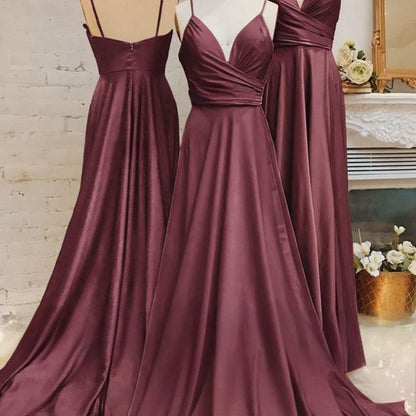Spaghetti Straps V Neck A-line Prom Dresses with Pleated