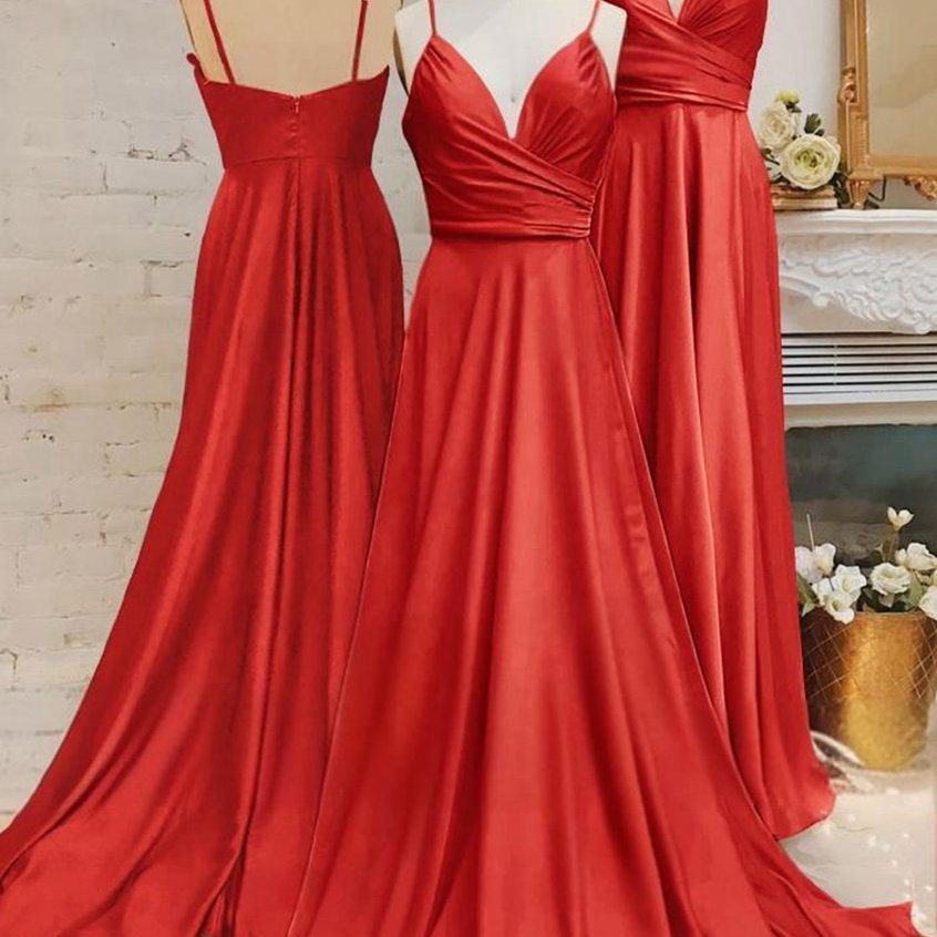 Spaghetti Straps V Neck A-line Prom Dresses with Pleated