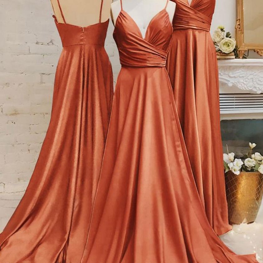 Spaghetti Straps V Neck A-line Prom Dresses with Pleated