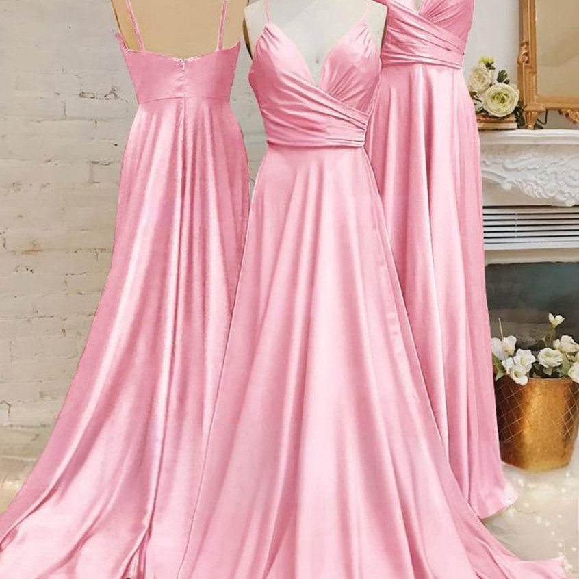 Spaghetti Straps V Neck A-line Prom Dresses with Pleated