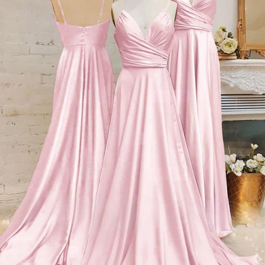 Spaghetti Straps V Neck A-line Prom Dresses with Pleated