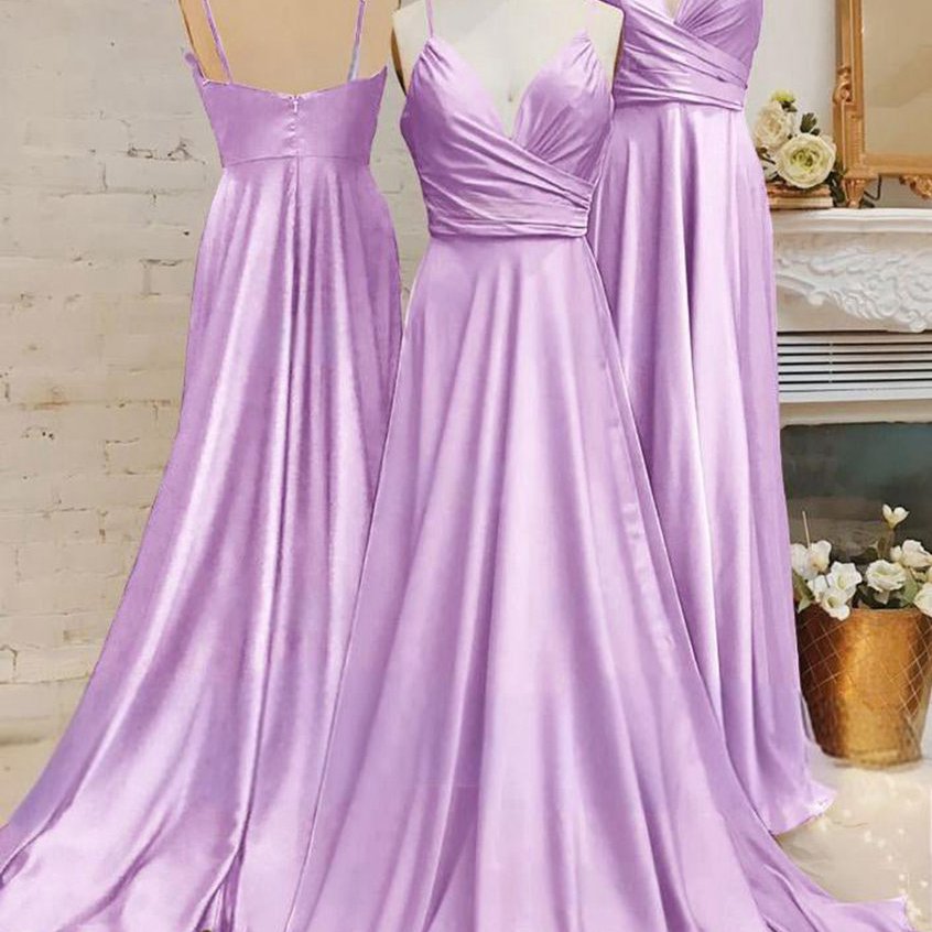 Spaghetti Straps V Neck A-line Prom Dresses with Pleated