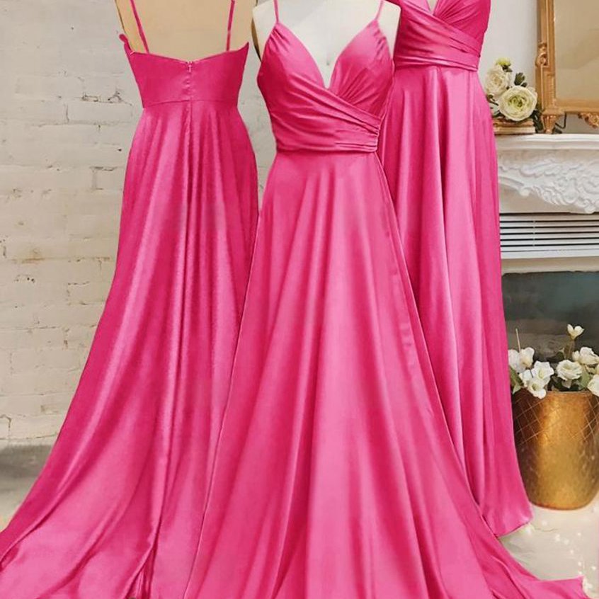 Spaghetti Straps V Neck A-line Prom Dresses with Pleated