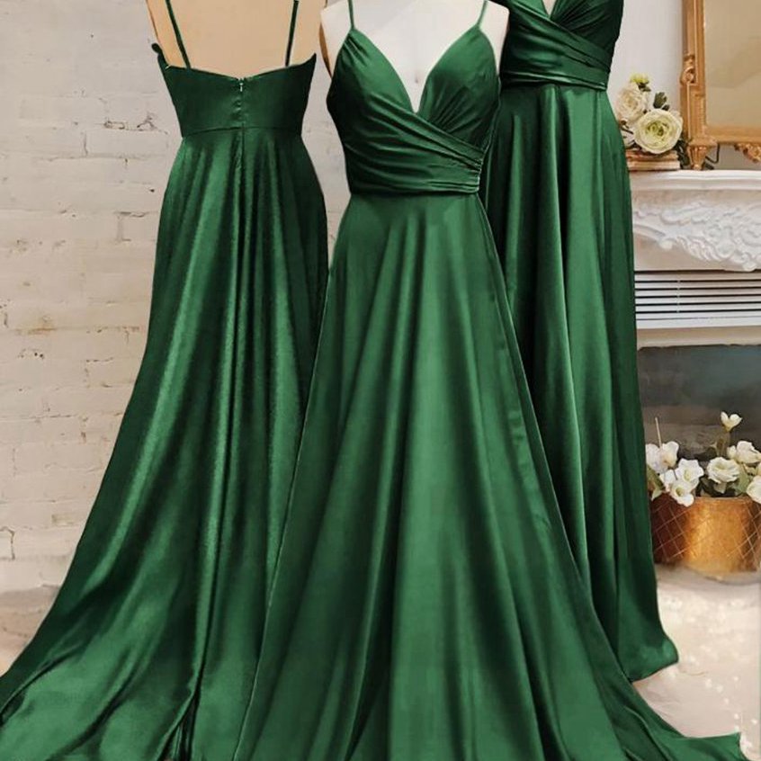 Spaghetti Straps V Neck A-line Prom Dresses with Pleated