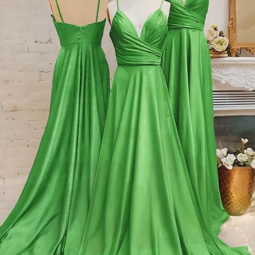 Spaghetti Straps V Neck A-line Prom Dresses with Pleated