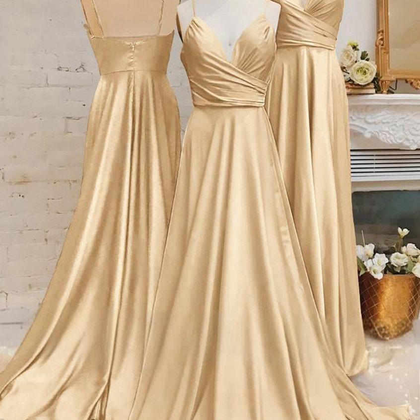 Spaghetti Straps V Neck A-line Prom Dresses with Pleated