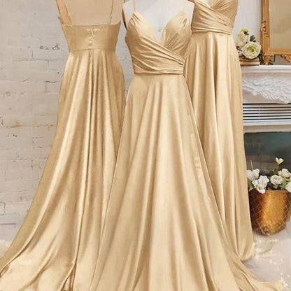 Spaghetti Straps V Neck A-line Prom Dresses with Pleated
