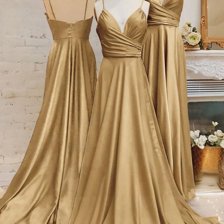 Spaghetti Straps V Neck A-line Prom Dresses with Pleated