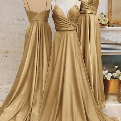 Spaghetti Straps V Neck A-line Prom Dresses with Pleated