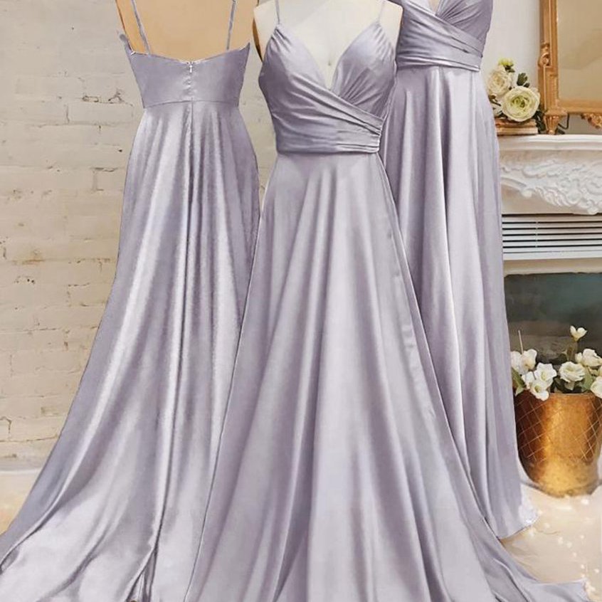 Spaghetti Straps V Neck A-line Prom Dresses with Pleated