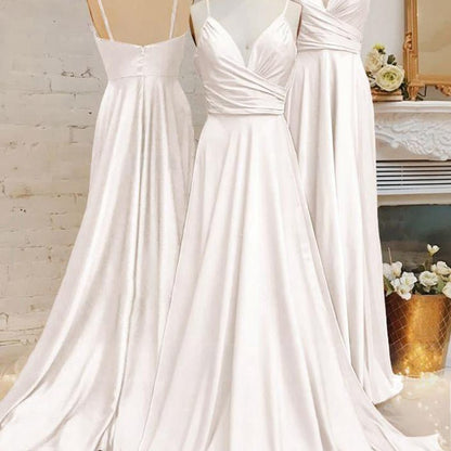 Spaghetti Straps V Neck A-line Prom Dresses with Pleated