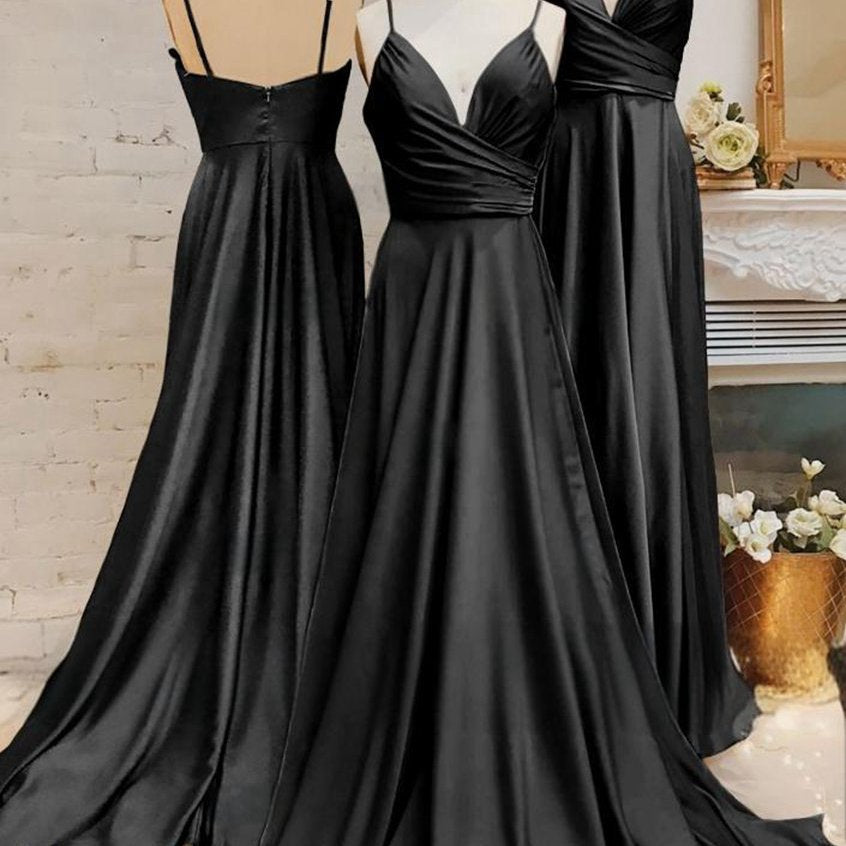 Spaghetti Straps V Neck A-line Prom Dresses with Pleated
