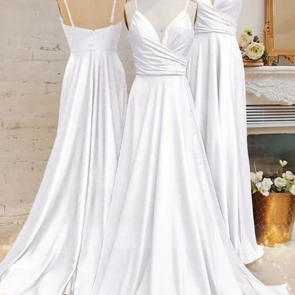 Spaghetti Straps V Neck A-line Prom Dresses with Pleated