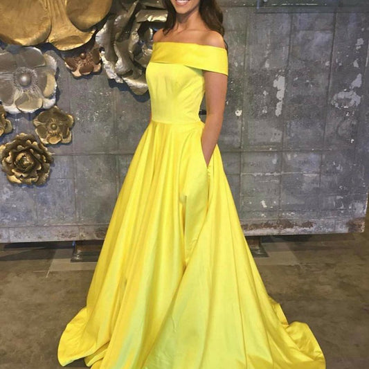 A-line Off the Shoulder Satin Prom Dresses with Pockets