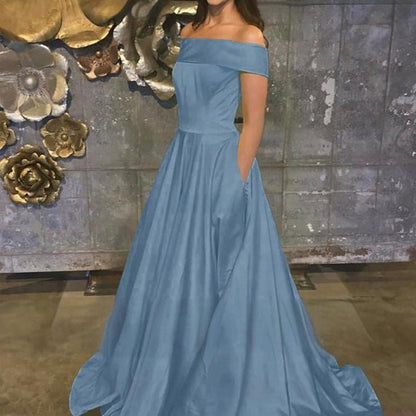 A-line Off the Shoulder Satin Prom Dresses with Pockets