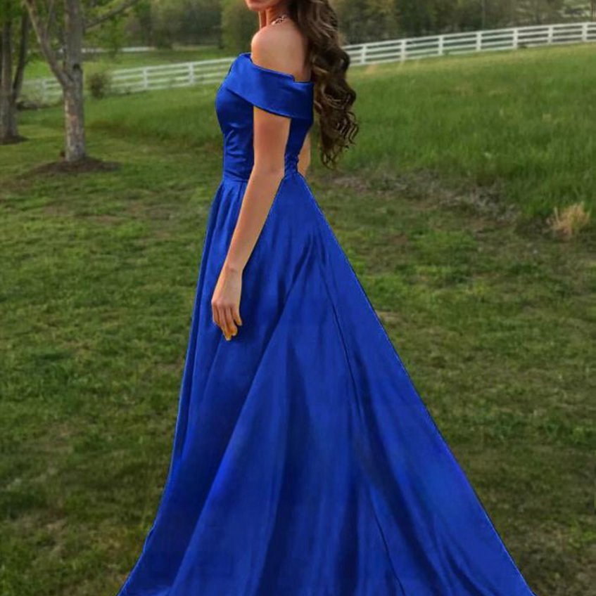 A-line Off the Shoulder Satin Prom Dresses with Pockets