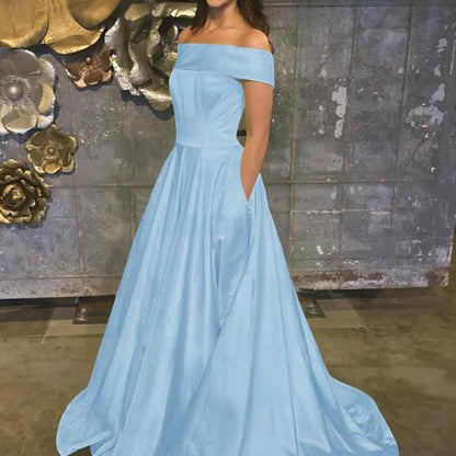 A-line Off the Shoulder Satin Prom Dresses with Pockets
