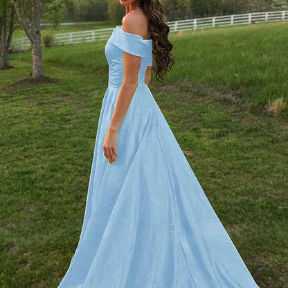 A-line Off the Shoulder Satin Prom Dresses with Pockets