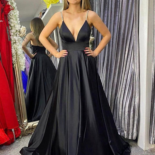 Deep V Neck Satin A-line Prom Dresses with Beading